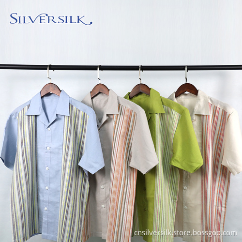 Camisas de manga curta em fio tingido com listras de linho rayon
